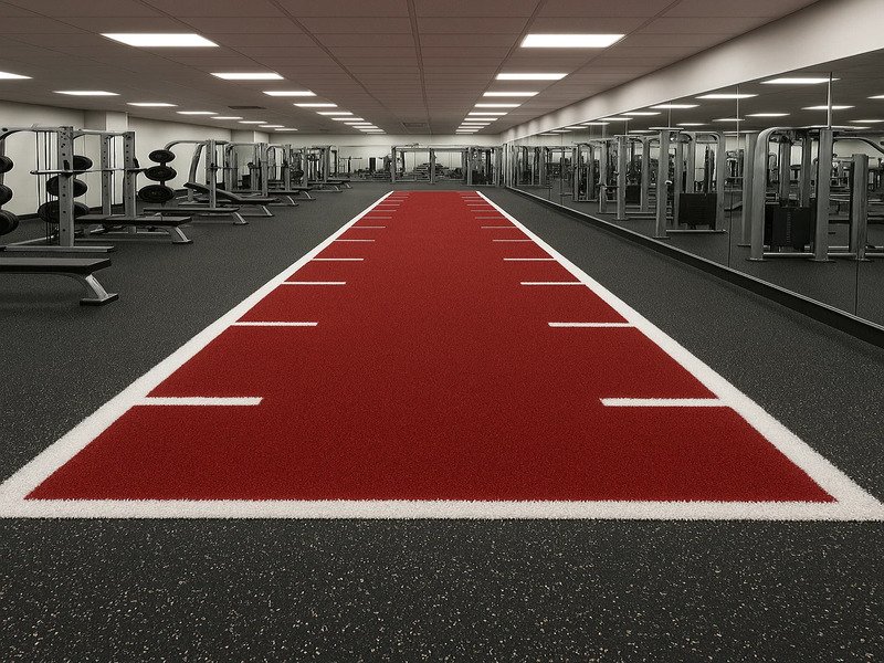 A sleek black prowler sled on a vibrant green sled turf track in a modern gym with high-end equipment